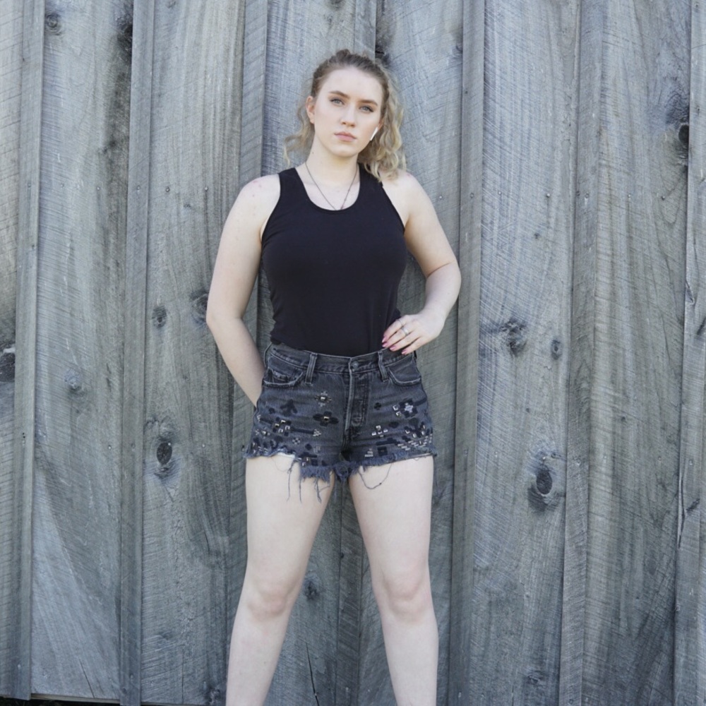 Levi 501 high rise black embellished shorts 28